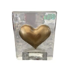 Glass Heart Paper Weight Figurine Clear with Gold Heart